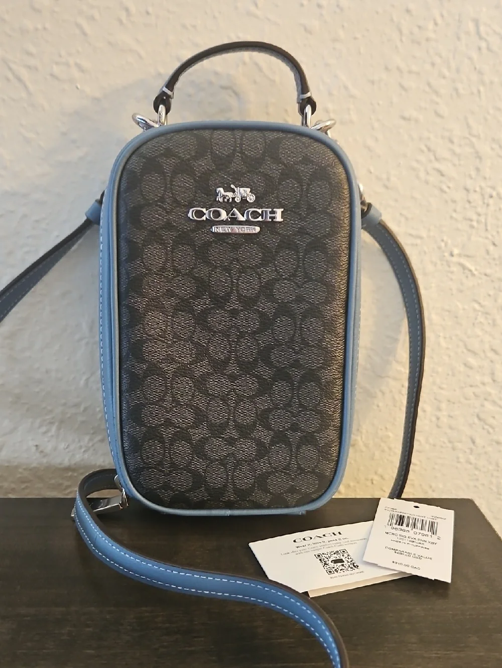 Coach Black Signature Crossbody with Light Blue Trim